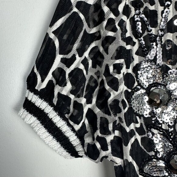 90s Y2K Black White VNeck Elastic Top Semi-sheer Sequin Animal Print Whimsy Goth - Picture 4 of 10